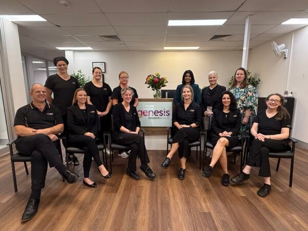 The dedicated team at Genesis Research Services posing with NSW Health Clinical Trials Quality Recognition Scheme assessors